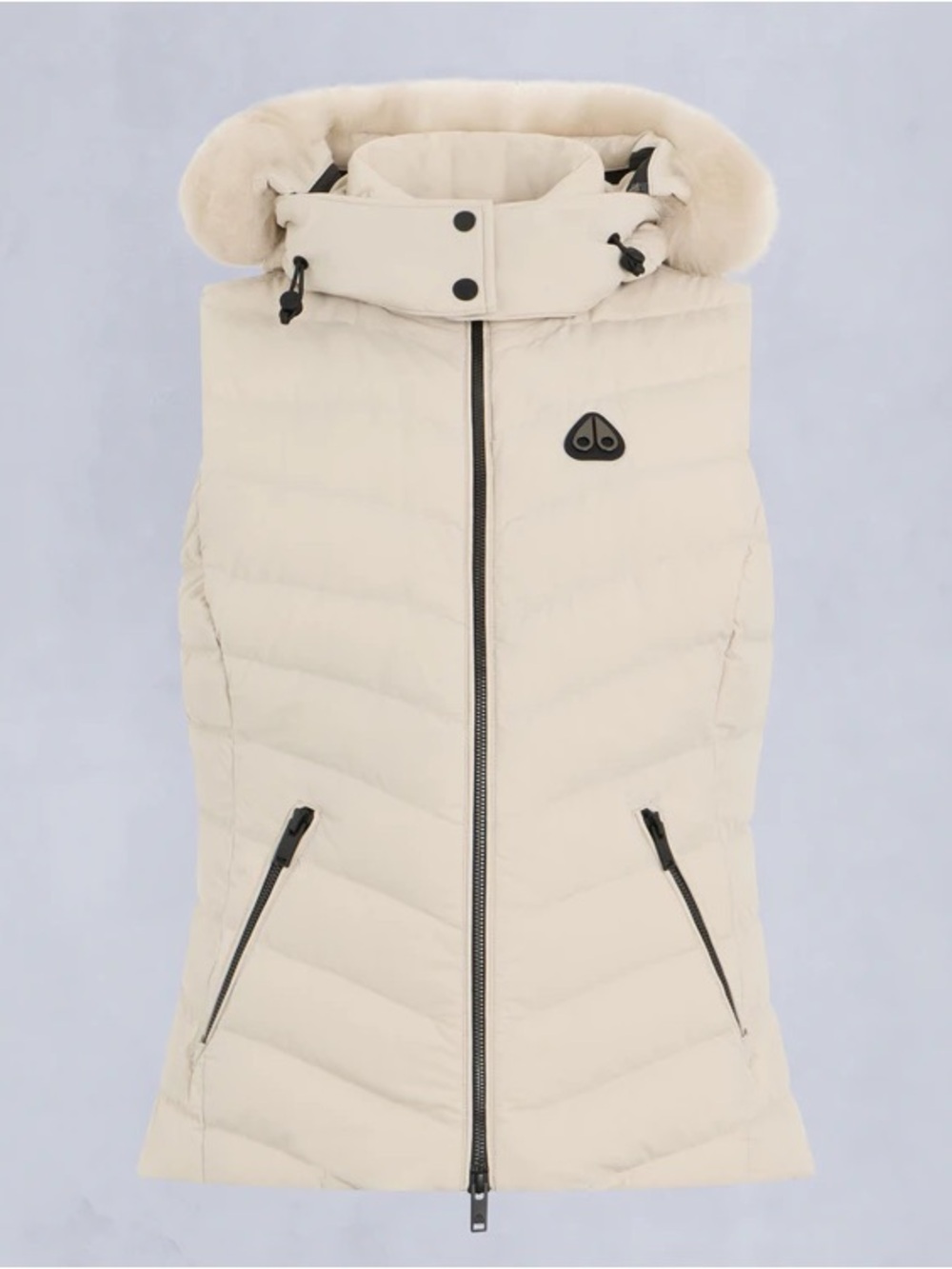 Moose Knuckles Women's Light Cream Quilted Puffer Vest with Faux Fur Hood - Picture 12 of 13